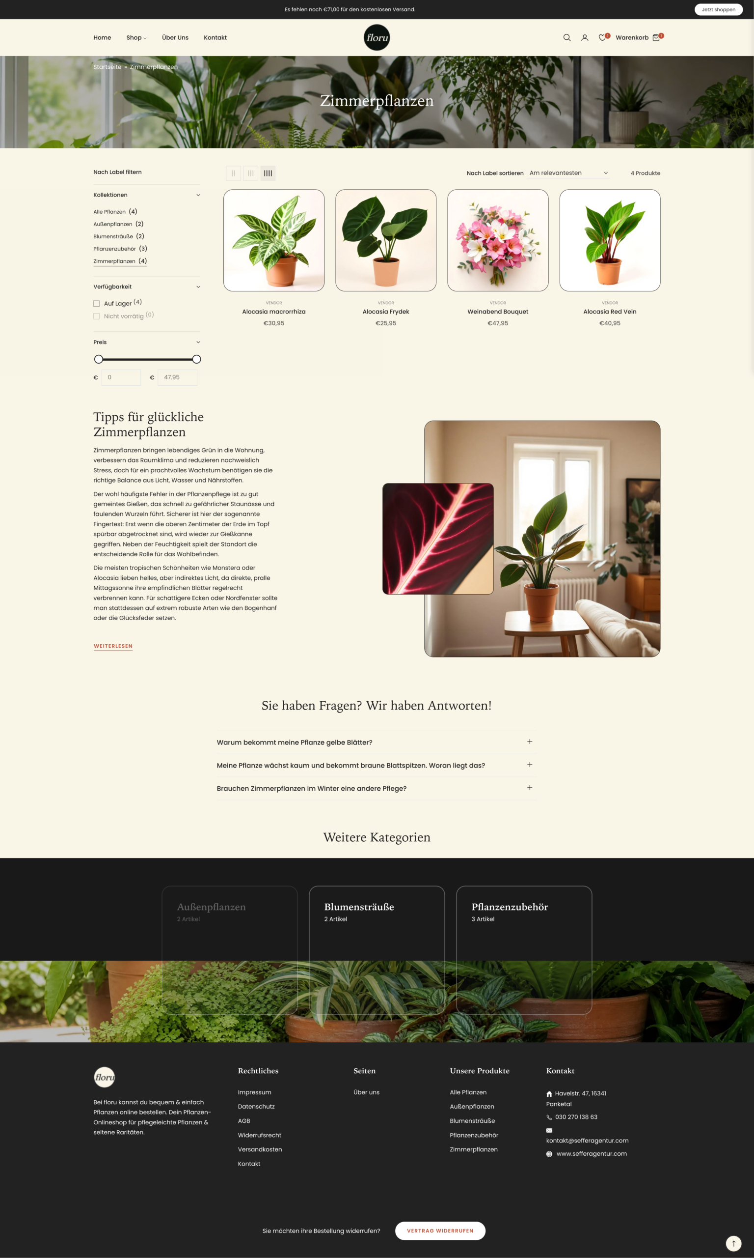 FLORU Kollektionsseite mit Sidebar-Filter