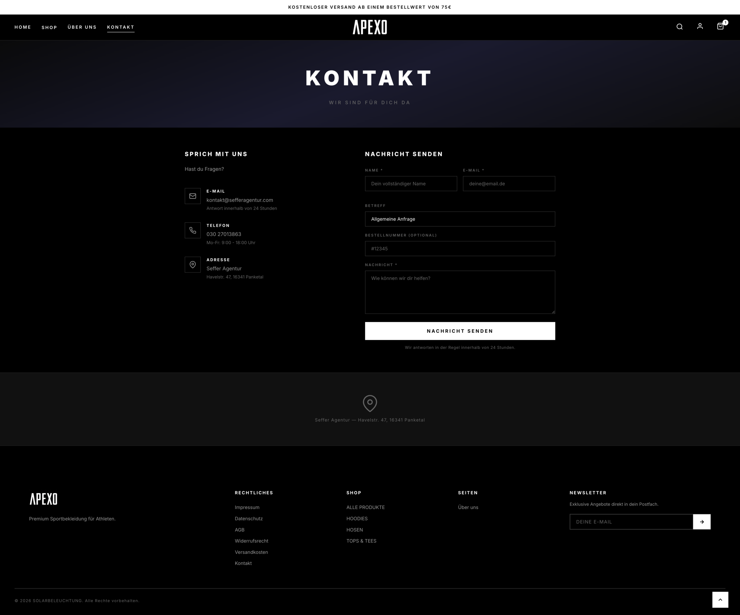 APEXO Kontaktseite mit Dark-Mode