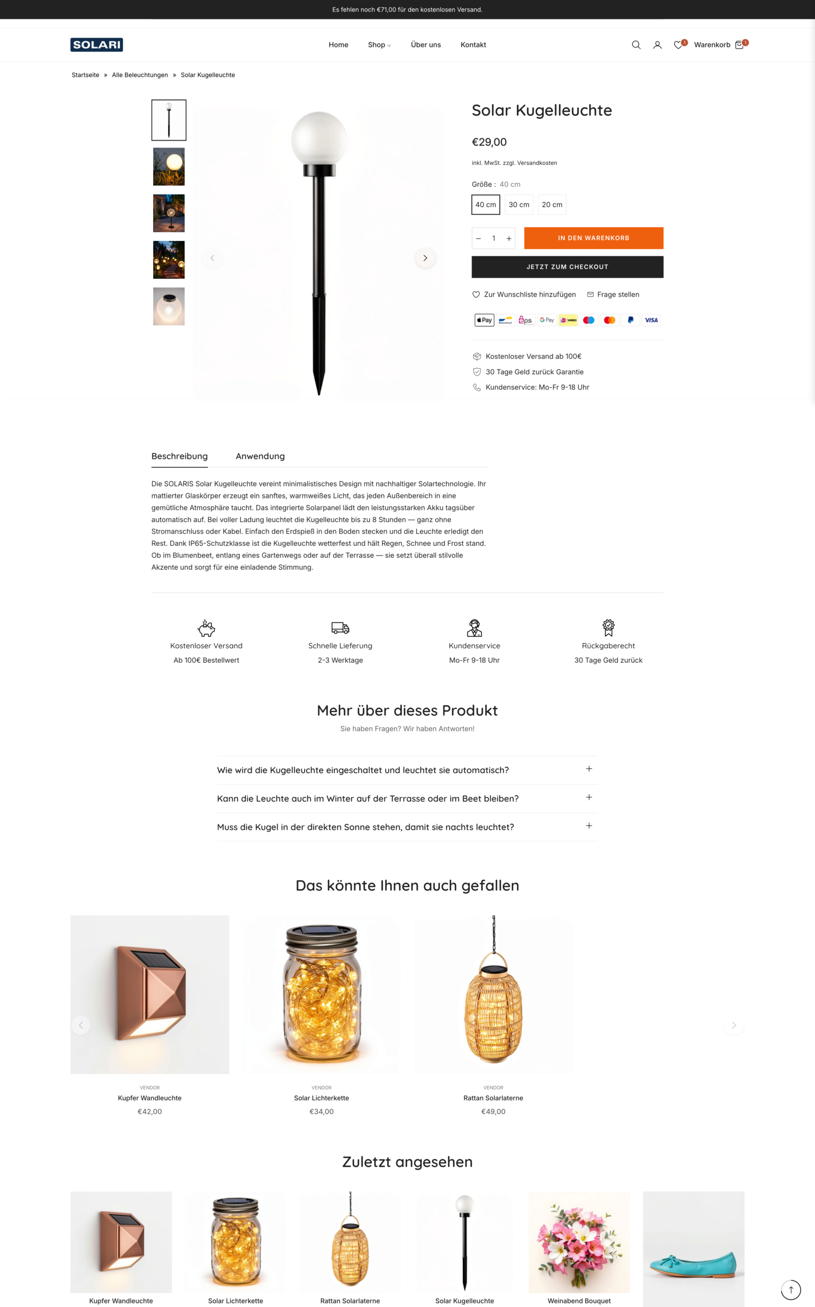 SOLARI Produktseite mit integriertem Sticky Cart und Upsell-Features