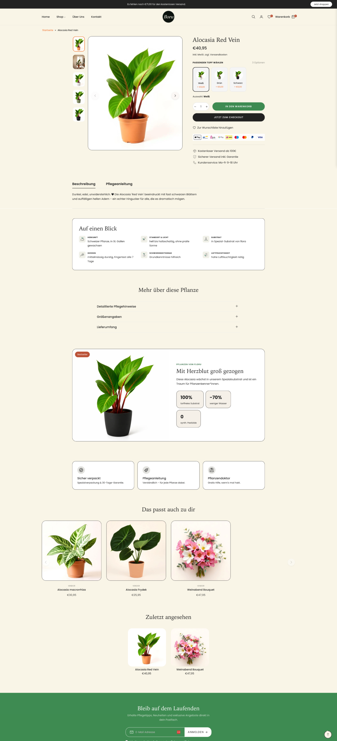 FLORU Produktseite mit Produktberater und Care-Guid